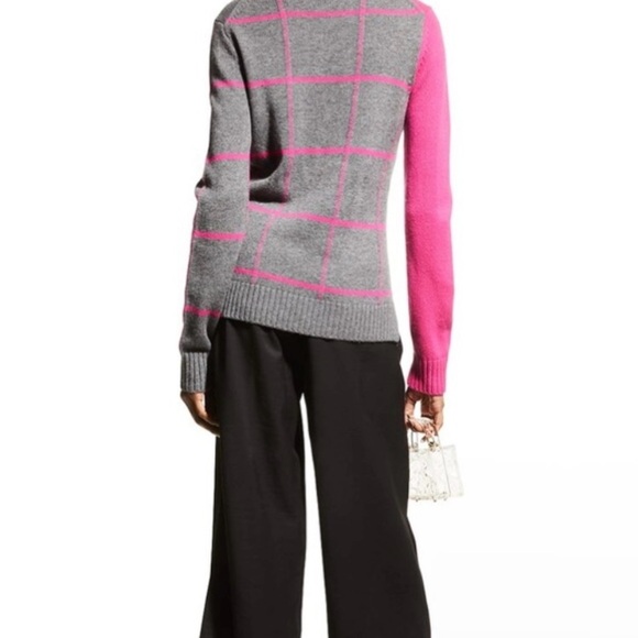 Milly Women’s Wool Cashmere Gray Pink WindowPane Pullover Crew Sweater S  NWOT - Picture 3 of 12